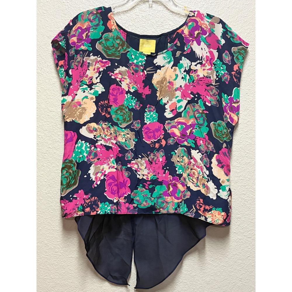 Maeve Anthropologie Silk Floral High Low Blouse Navy Blue Pink Green Size 8